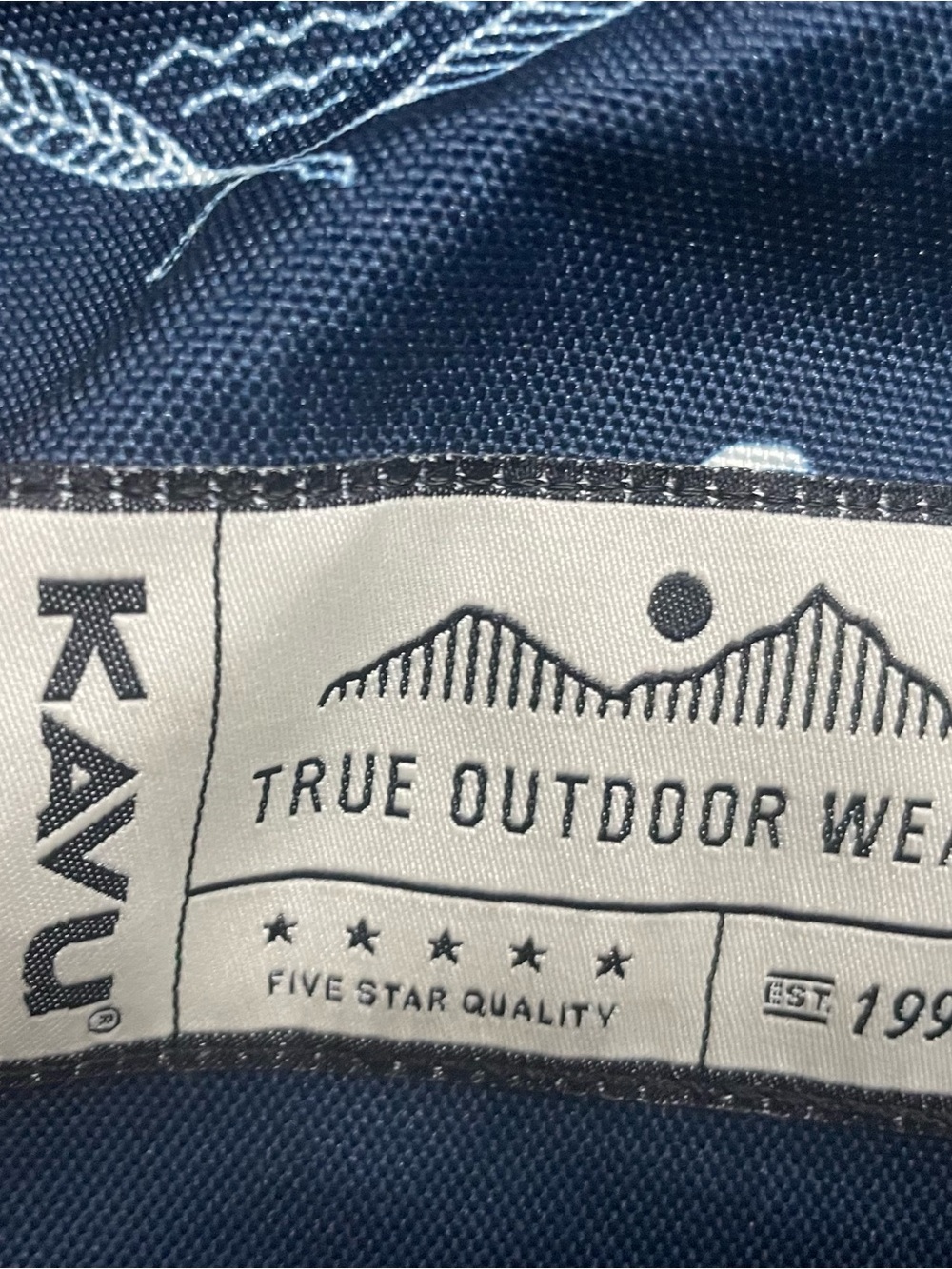 KAVU Camp Sherman backpack navy blue camper pattern and brown leather accents - Picture 3 of 6